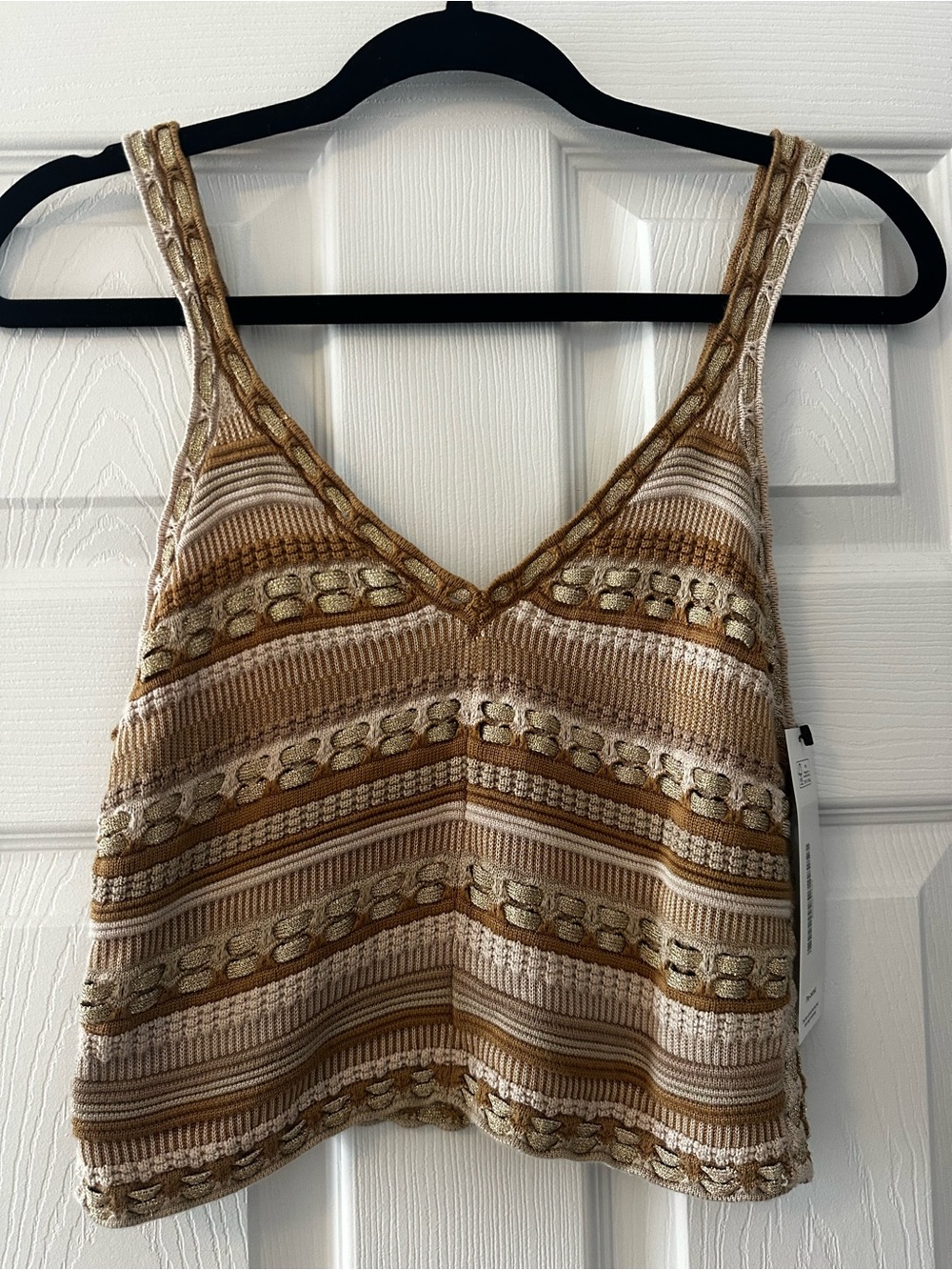 Alice + Olivia Striped Metallic-Accent V-Neck Knit Camisole in Beige and Gold
